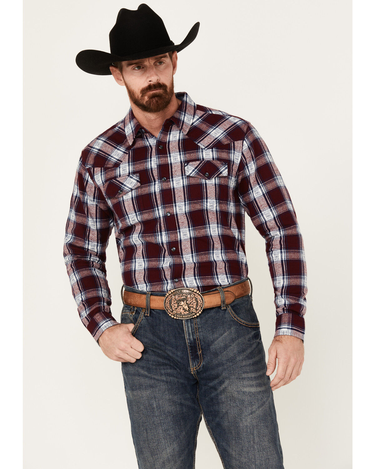 Image #1 - Cody James Men's Peace Treaty Plaid Print Long Sleeve Snap Flannel Shirt - Big, Burgundy, hi-res