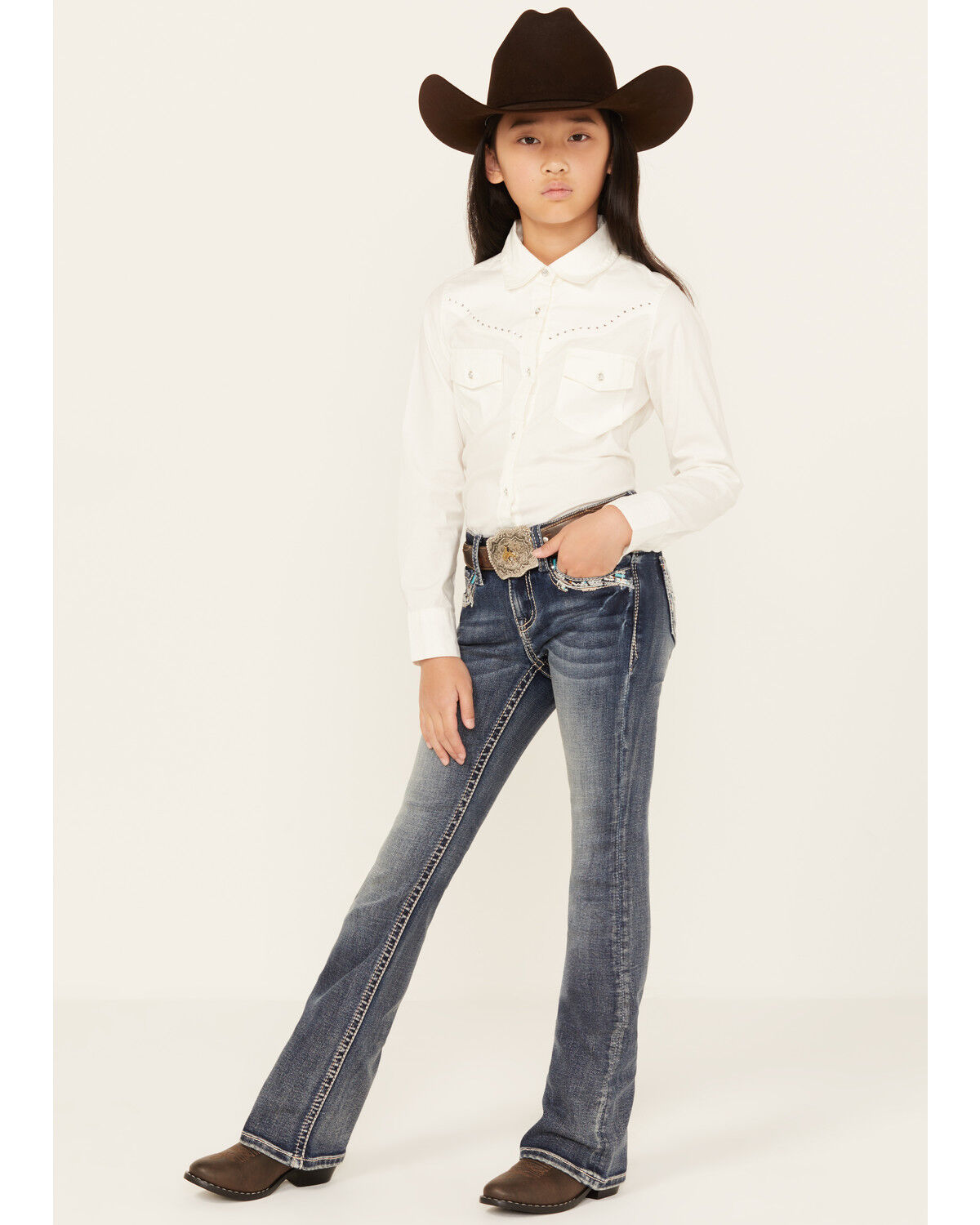 Image #3 - Grace in LA Girls' Medium Wash Mid Rise Southwestern Bootcut Jeans, Medium Wash, hi-res