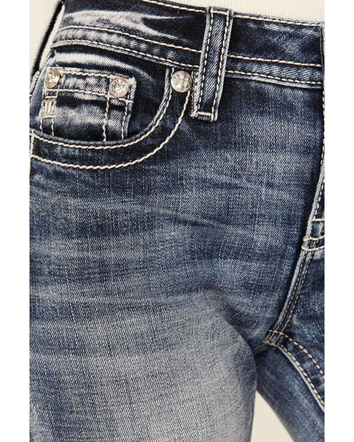 Image #4 - Miss Me Women's Medium Wash Mid Rise Horseshoe Bootcut Stretch Denim Jeans, Medium Wash, hi-res