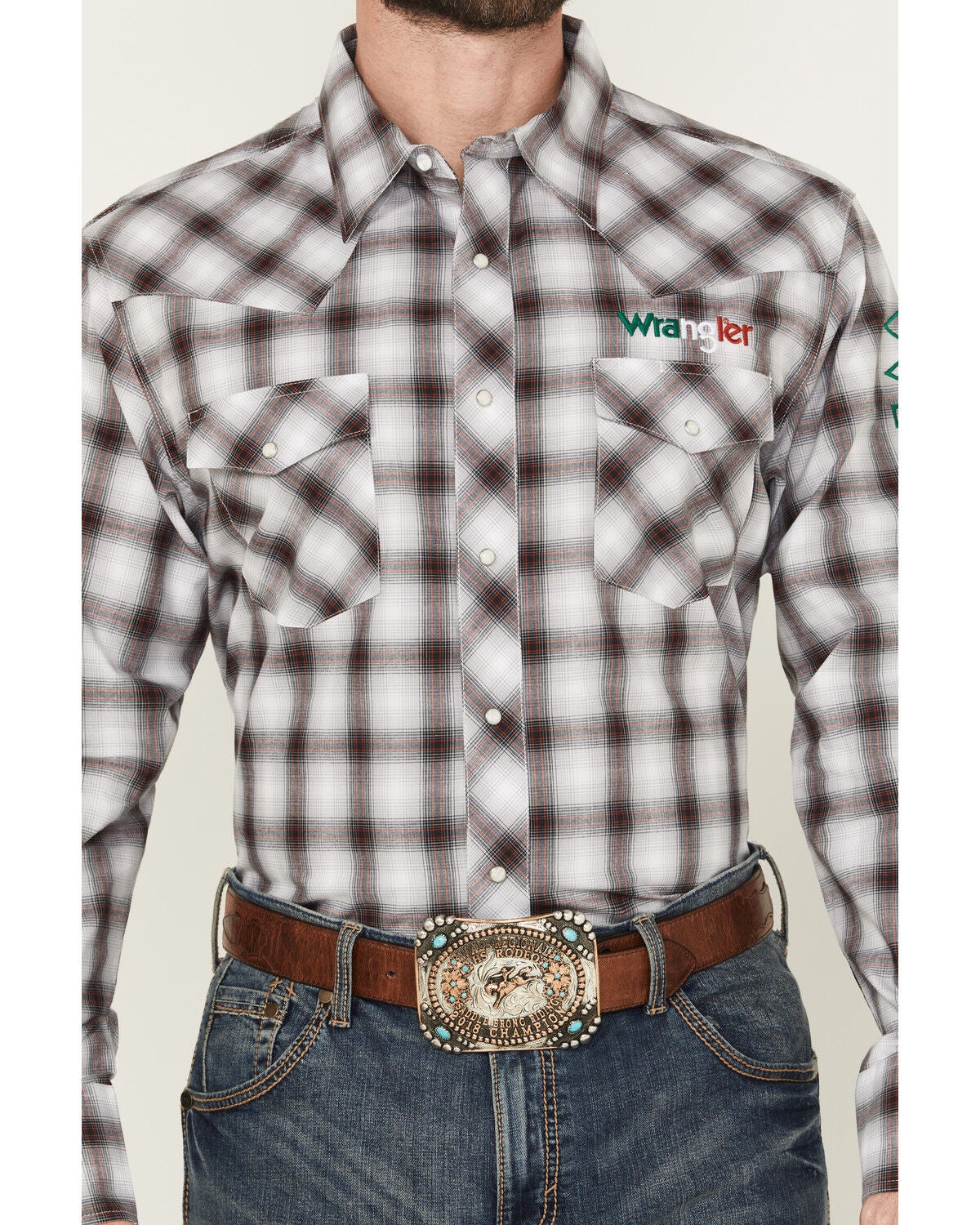 Image #3 - Wrangler Men's Plaid Print Logo Long Sleeve Snap Western Shirt - Tall, Black, hi-res