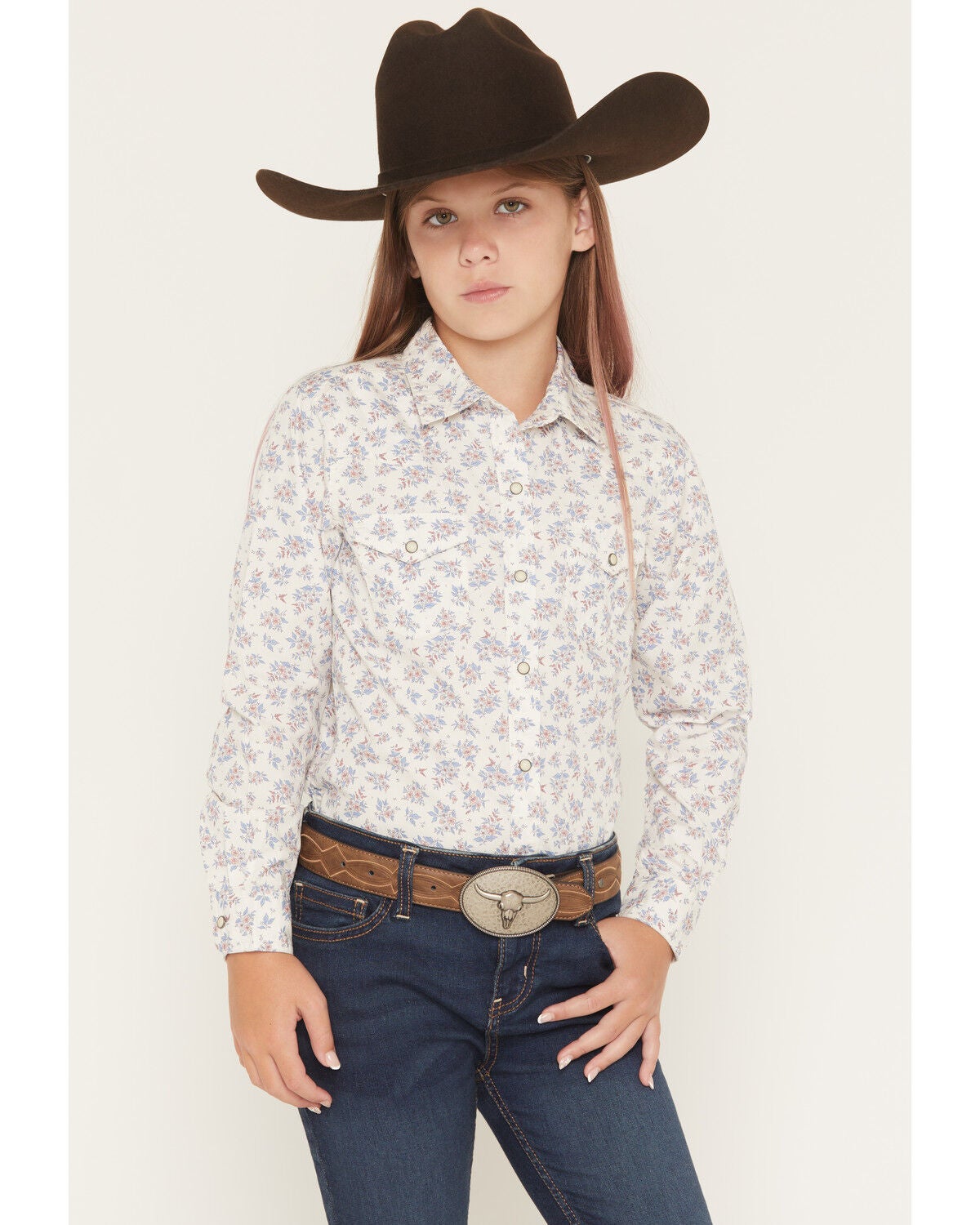 Image #1 - Ariat Girls' Floral Print Long Sleeve Snap Western Shirt, White, hi-res
