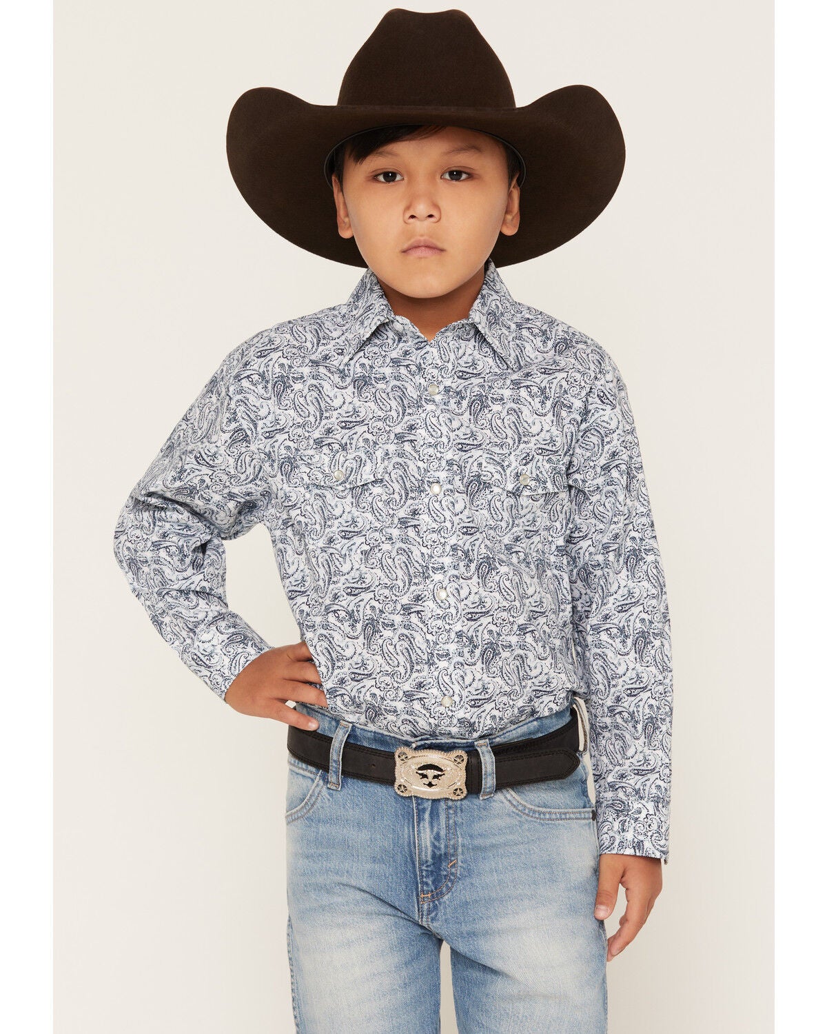 Panhandle Slim Boys' Paisley Print Long Sleeve Pearl Snap Stretch Western Shirt, Blue, hi-res