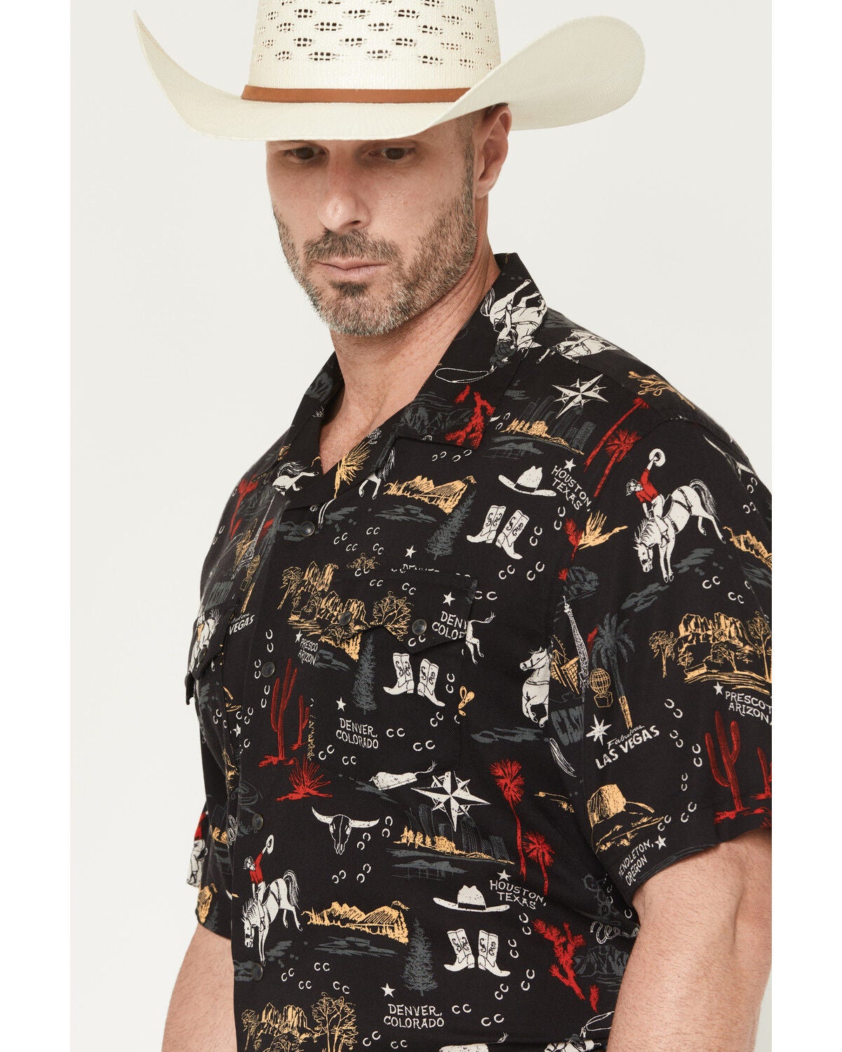 Image #2 - Wrangler Men's Coconut Cowboy Conversation Print Short Sleeve Snap Western Shirt, Black, hi-res