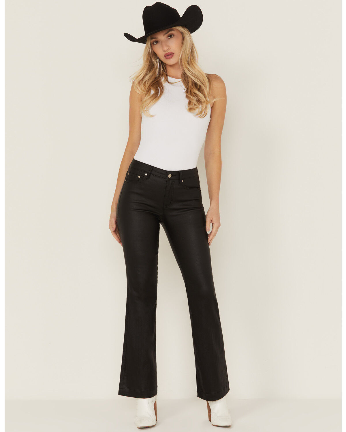 Image #1 - Daze Women's Mid Rise Coated Flare Stretch Pants, Black, hi-res