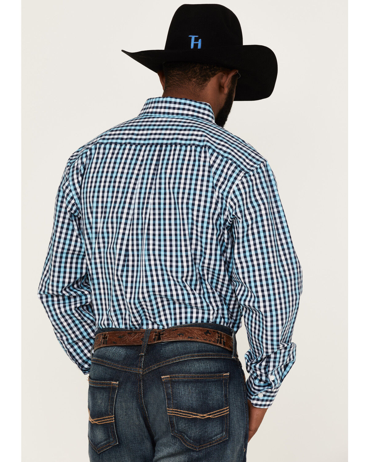 Image #4 - Panhandle Select Men's Check Plaid Print Long Sleeve Button Down Western Shirt, Blue, hi-res