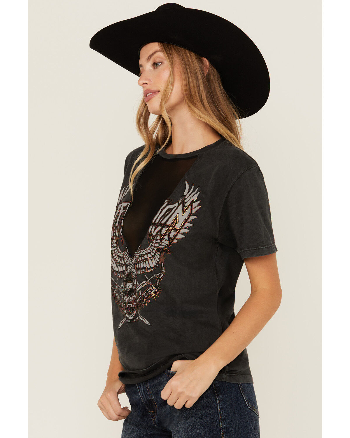 Image #2 - Affliction Women's Deep V Mesh Insert Short Sleeve Graphic Tee, Black, hi-res