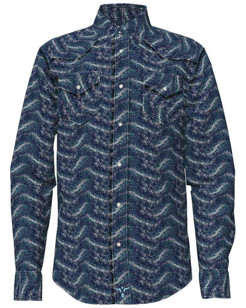 Wrangler 20X Boys' Sport Print Long Sleeve Snap Western Shirt, Blue, hi-res