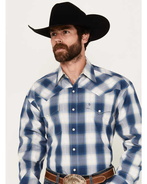 Image #1 - Stetson Men's Dobby Plaid Print Long Sleeve Pearl Snap Western Shirt, Blue, hi-res