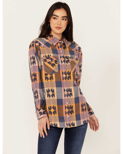 Wrangler Retro Women's Western Vintage Plaid Print Boyfriend Long Sleeve Snap Western Shirt , Multi, hi-res