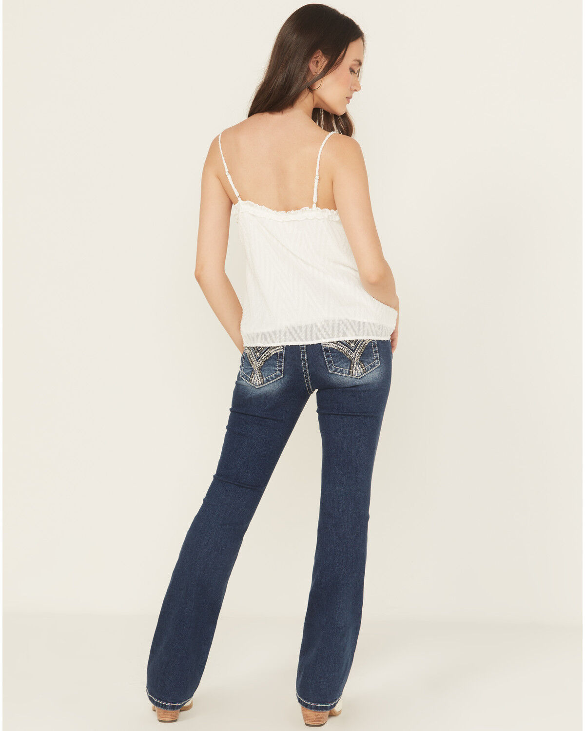 Image #1 - Miss Me Women's Dark Wash Mid Rise Embroidered Pocket 32" Bootcut Stretch Denim Jeans, Dark Wash, hi-res