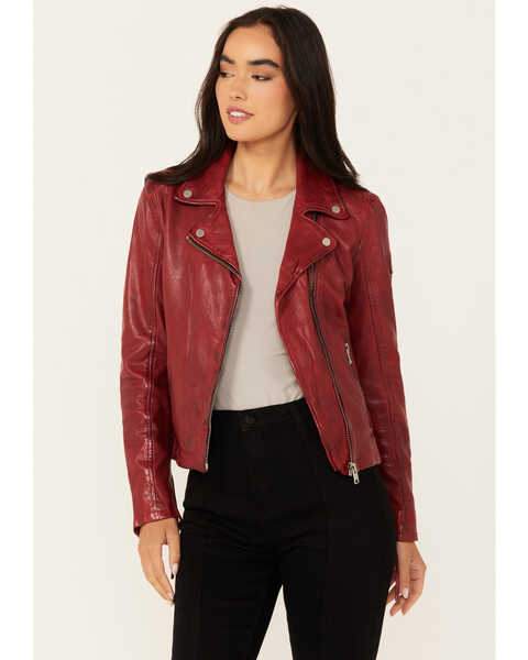 Image #1 - Mauritius Leather Women's Embellished Stars Leather Moto Jacket, Red, hi-res