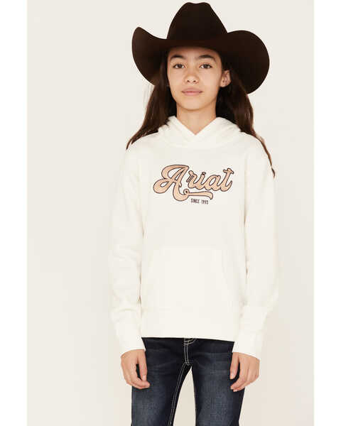 Image #1 - Ariat Girls' Boot Barn Exclusive Metallic Embroidered Logo Hoodie, Ivory, hi-res