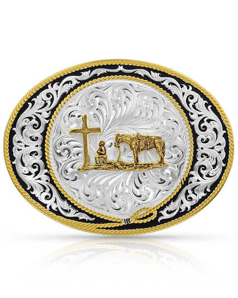 Montana Silversmiths Men's Tri-Color Pinched Buckle With Christian Cowboy Figure, Silver, hi-res