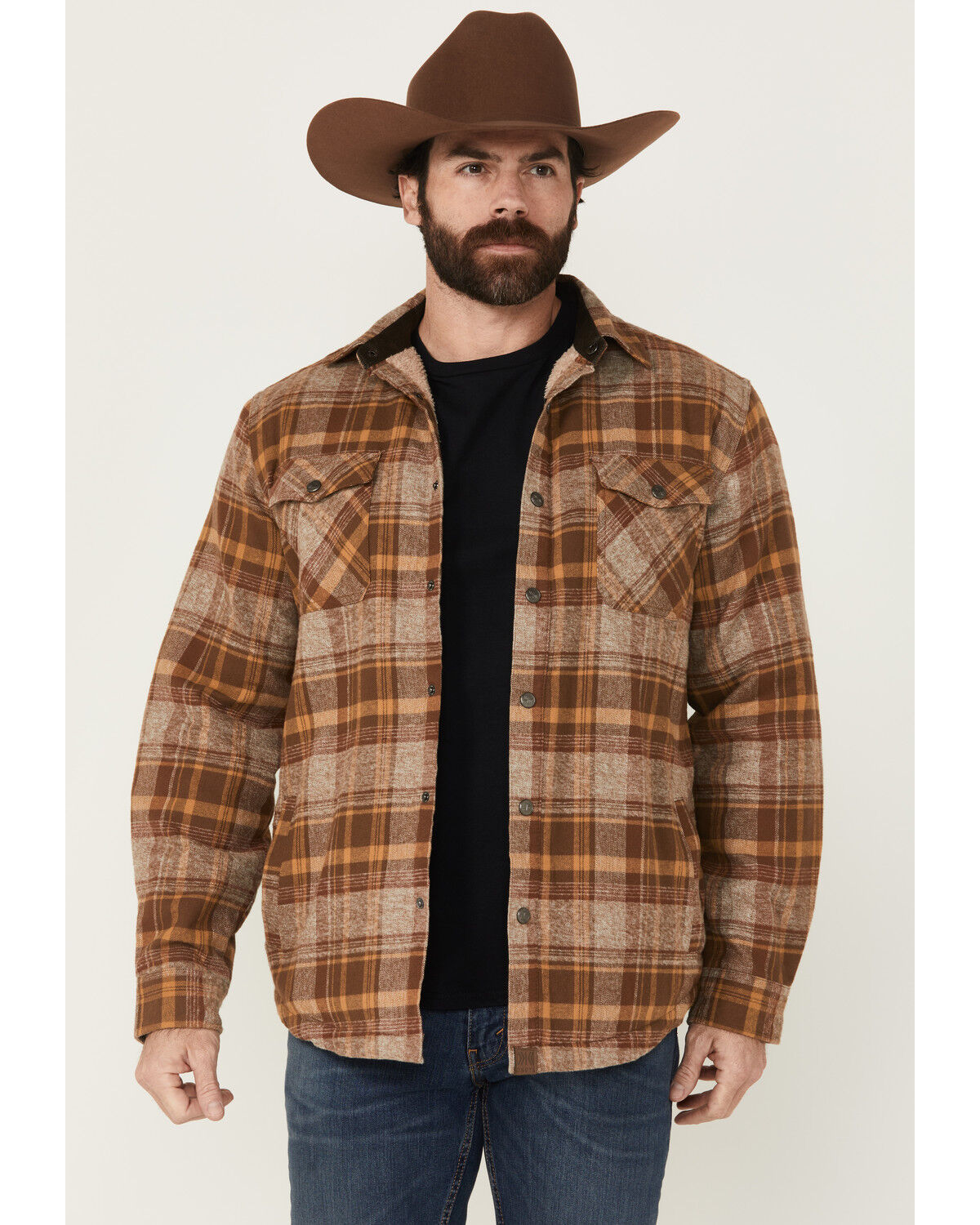 Image #1 - Dakota Grizzly Men's Ivan Plaid Print Sherpa Lined Shirt Jacket, Medium Brown, hi-res