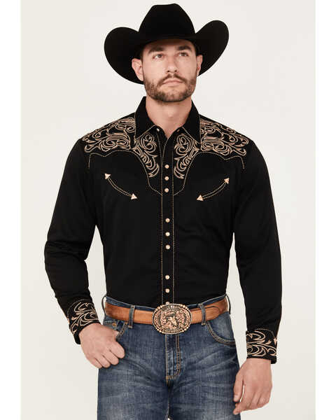 Image #1 - Scully Men's Embroidered Scroll Long Sleeve Snap Western Shirt, Black, hi-res