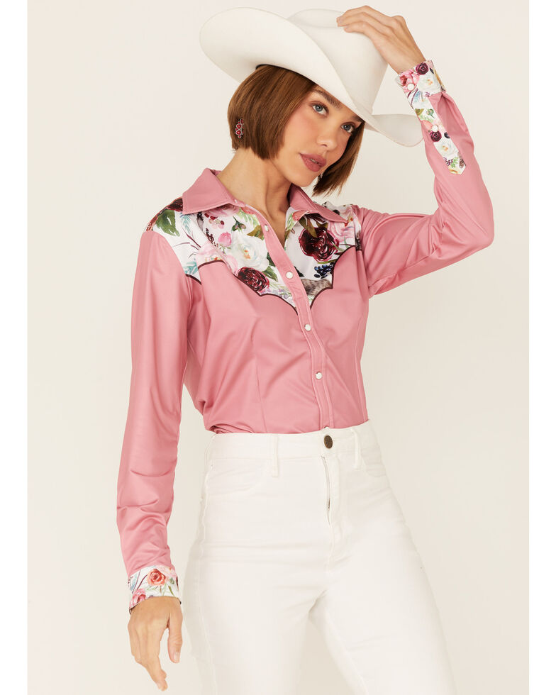 Ranch Dress'n Women's Solid Pink Wildflower Yoke Long Sleeve Snap Western Core Shirt , Pink, hi-res