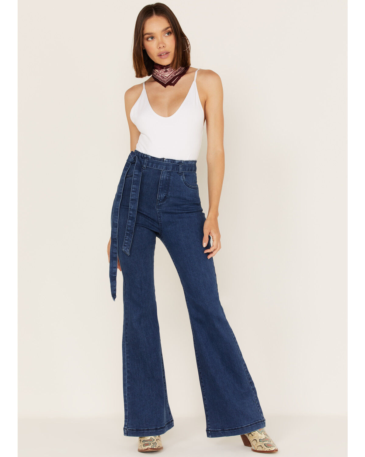 Image #1 - Flying Tomato Women's High Rise Self Belt Flare Leg Jeans, Blue, hi-res