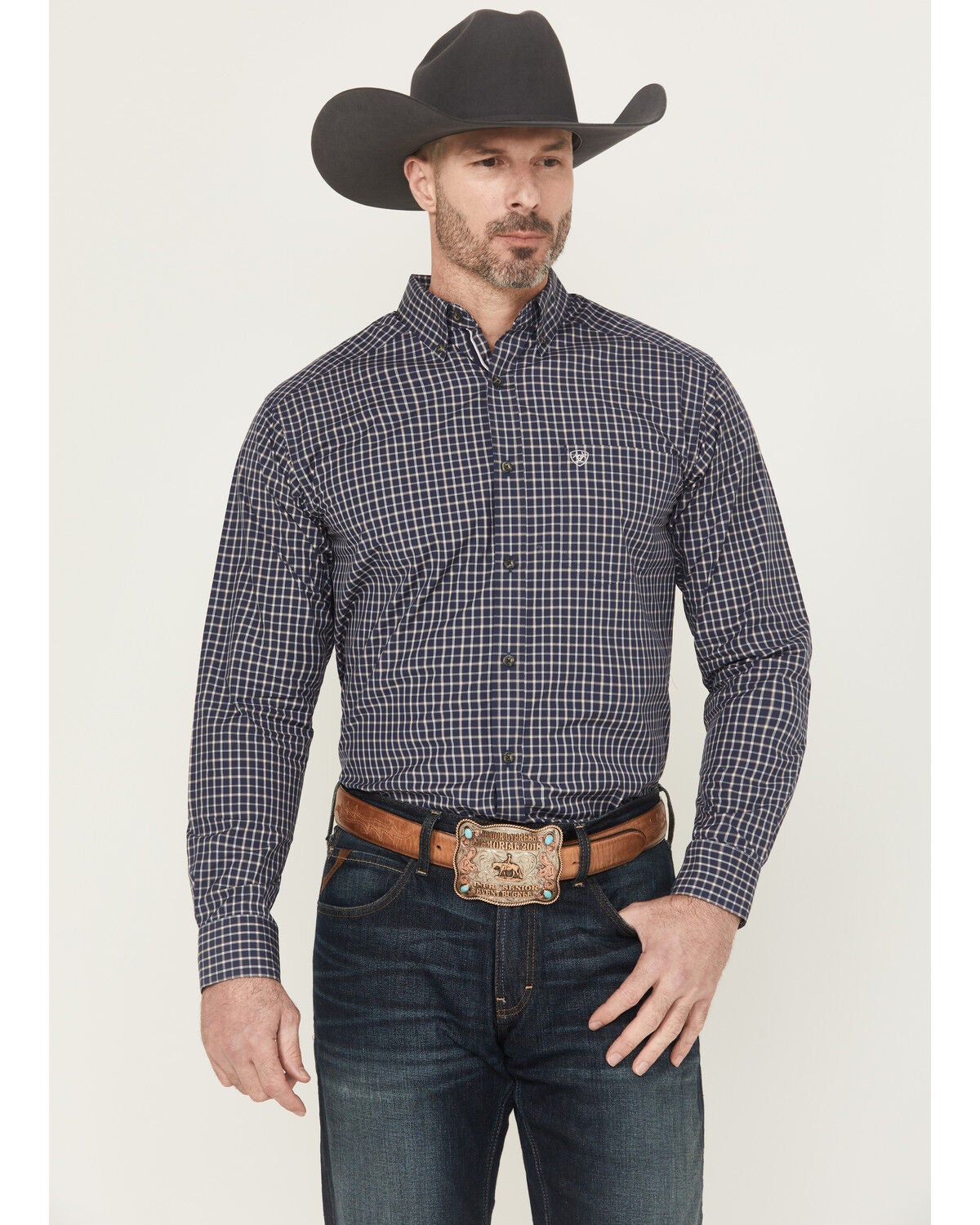 Ariat Men's Canaan Pro Series Plaid Print Long Sleeve Button-Down Stretch Western Shirt, Navy, hi-res
