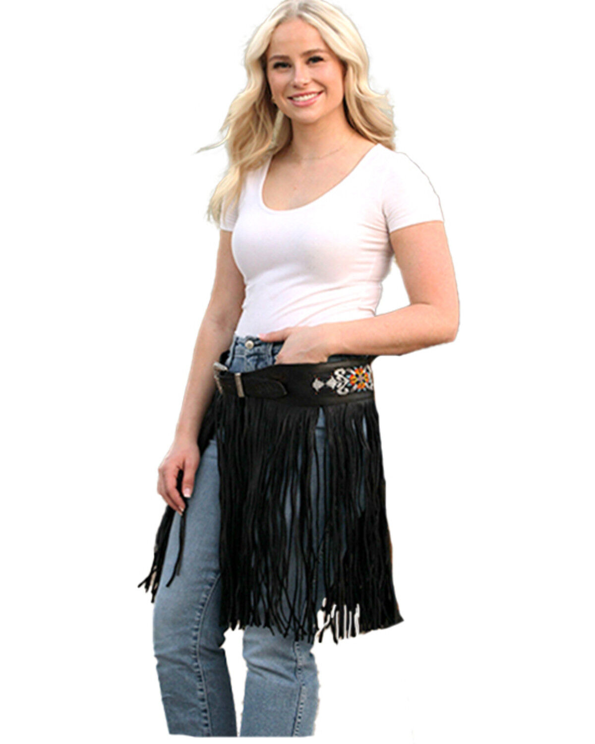 Image #1 - Kobler Women's Leather Hand Tooled Beaded Fringe Belt, Black, hi-res