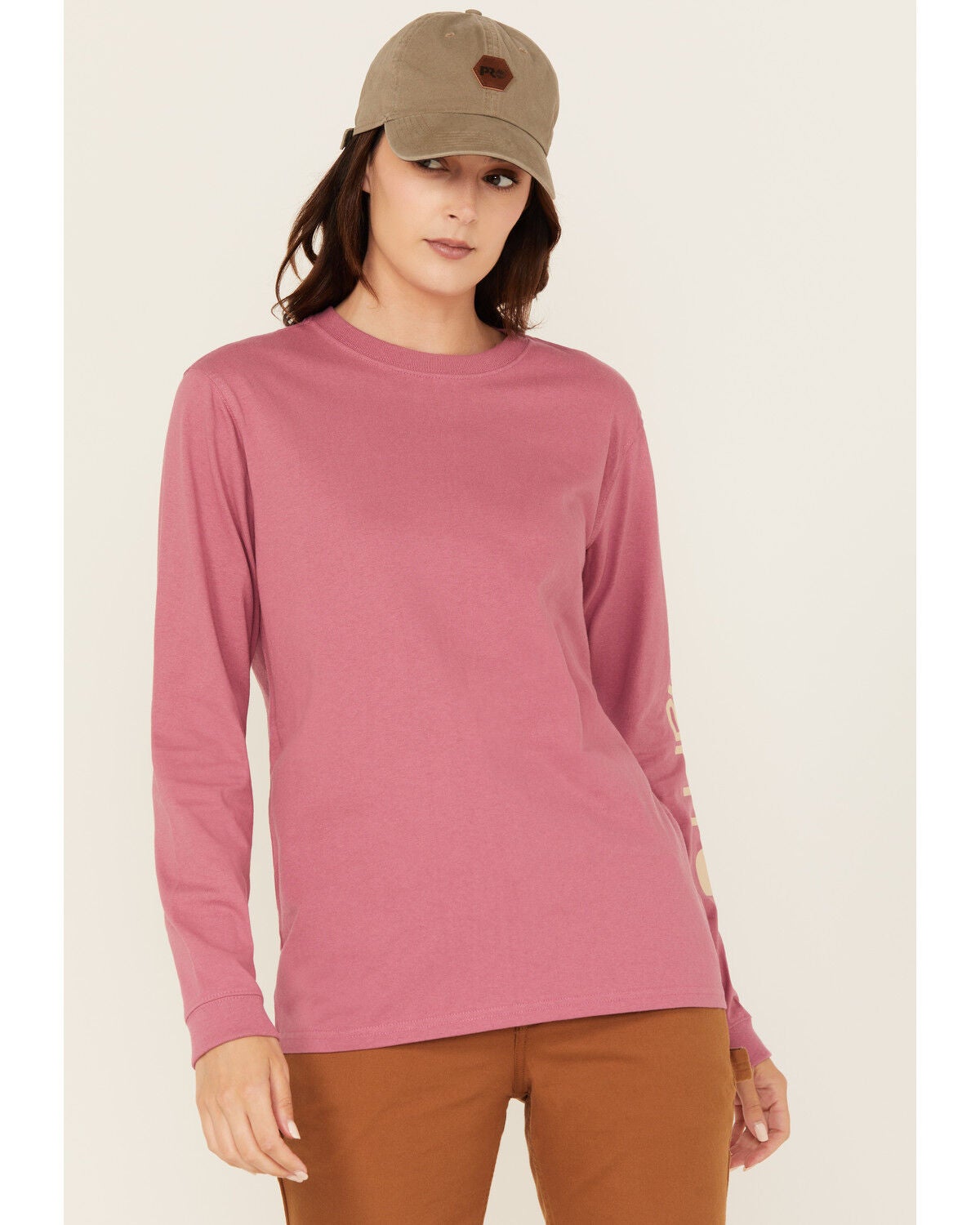 Carhartt Women's Loose Fit Heavyweight Long Sleeve Logo Graphic Work T-Shirt, Dark Pink, hi-res