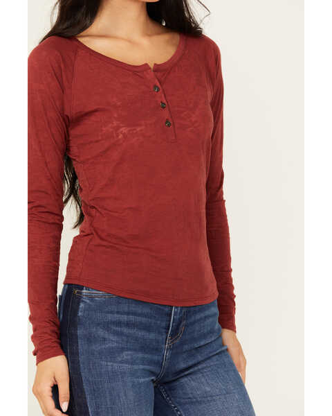 Image #3 - Shyanne Women's Long Sleeve Southwest Burnout Print Henley Shirt , Dark Red, hi-res