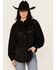 Shyanne Women's Faux Suede Laser Cutout Shacket, Black, hi-res