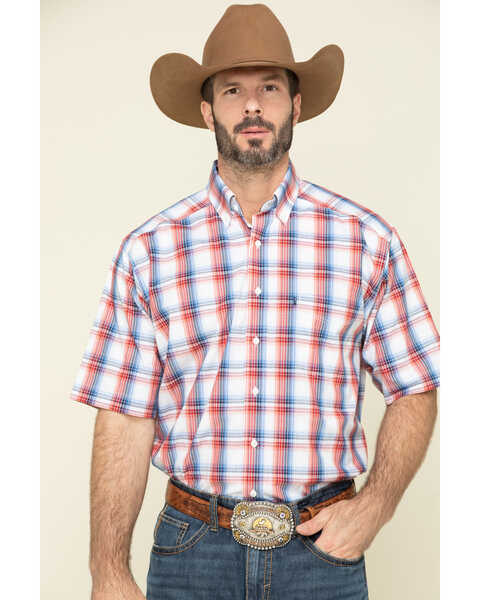 Image #1 - Tuf Cooper Men's Red Competition Stretch Plaid Short Sleeve Western Shirt , Red, hi-res