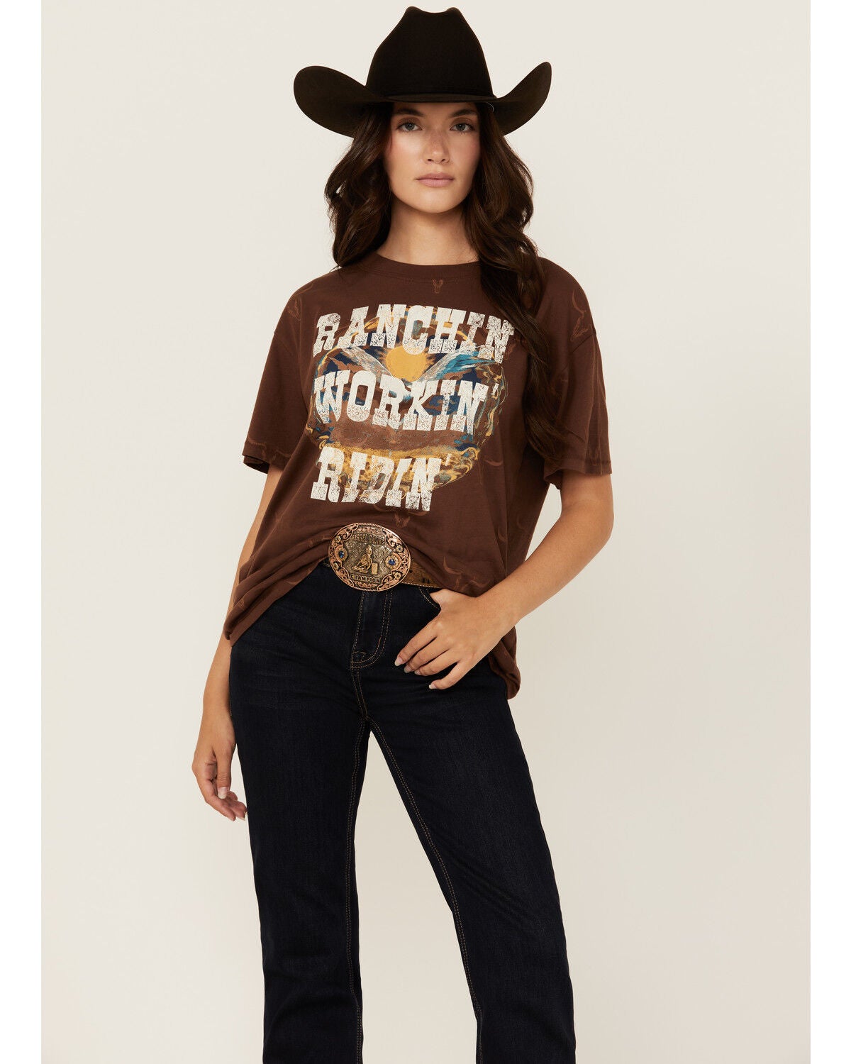 Shyanne Women's Ranchin' Workin' Ridin' Short Sleeve Graphic Tee, Dark Brown, hi-res
