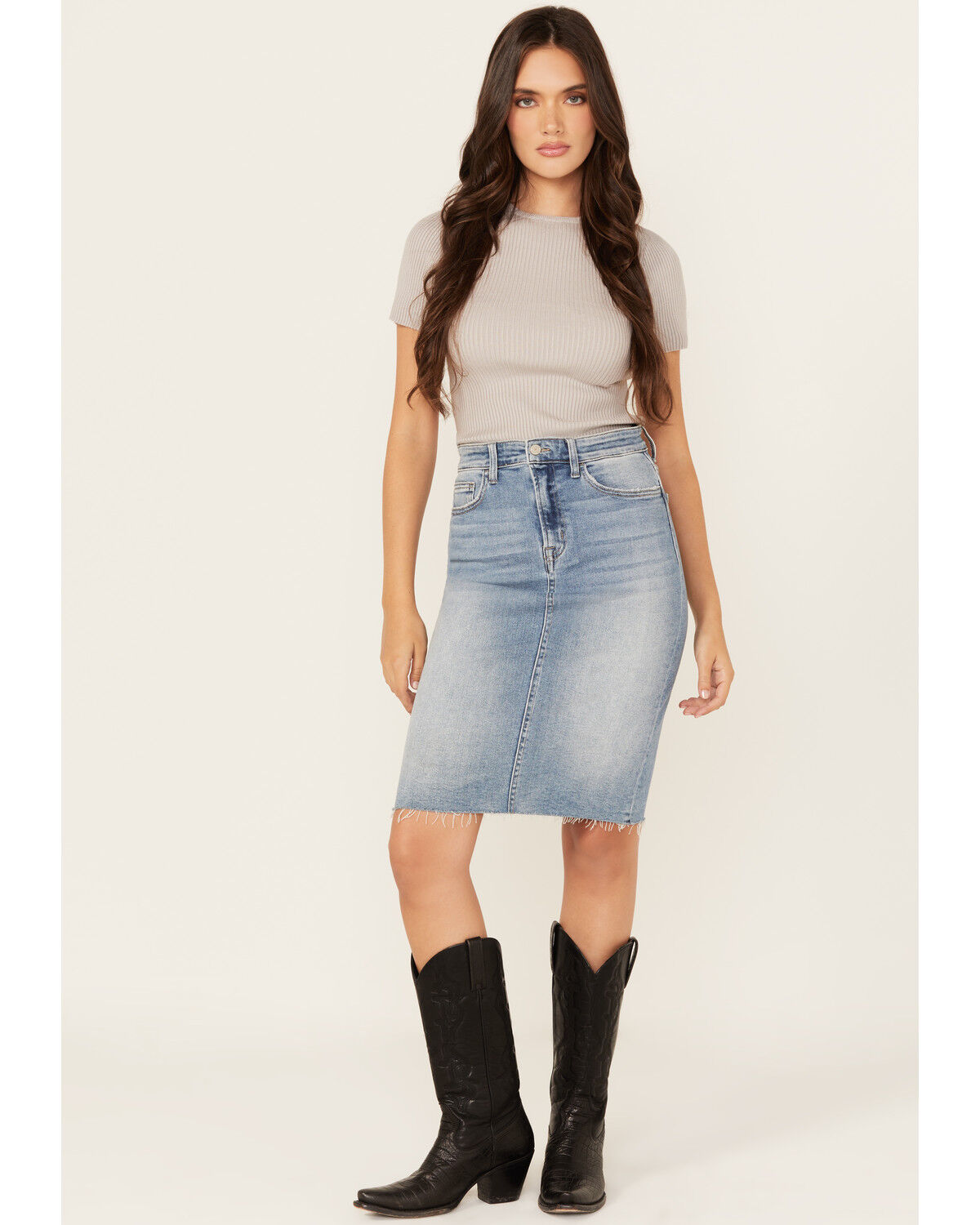 Image #1 - Flying Monkey Women's Raw Hem Medium Wash Denim Midi Skirt, Blue, hi-res