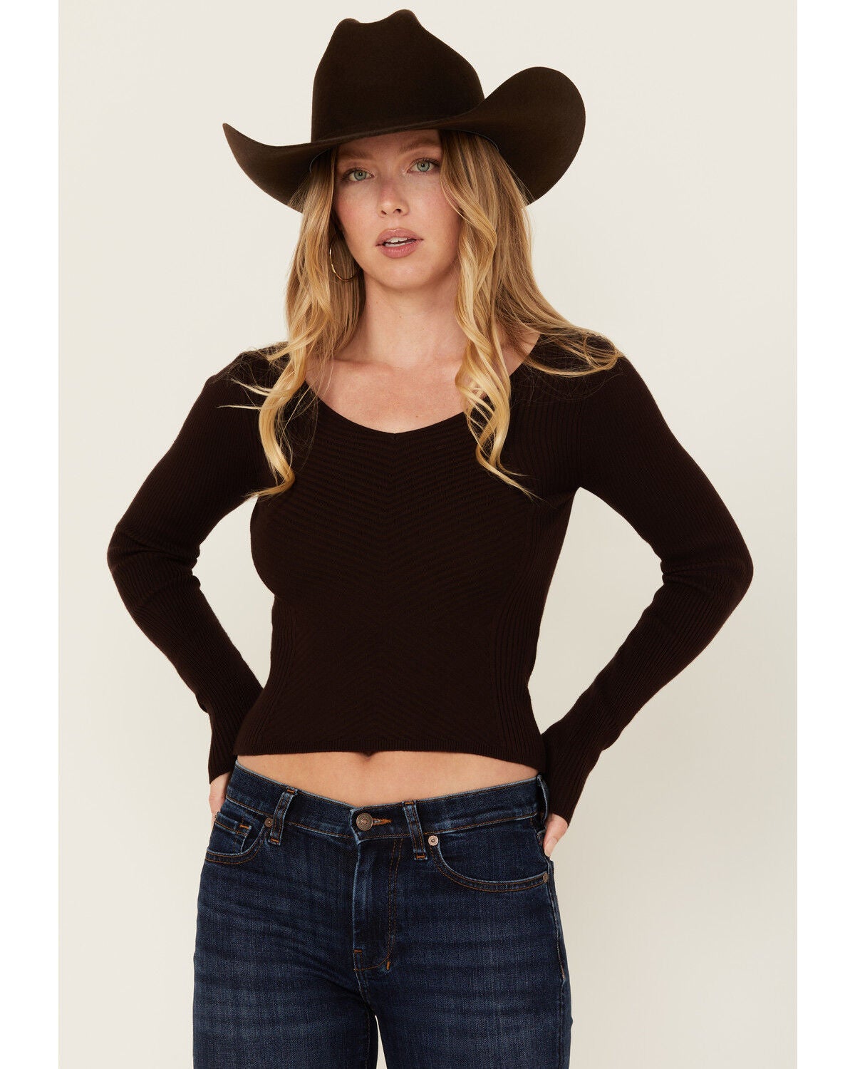 Shyanne Women's Ribbed Long Sleeve Sweater, Chocolate, hi-res