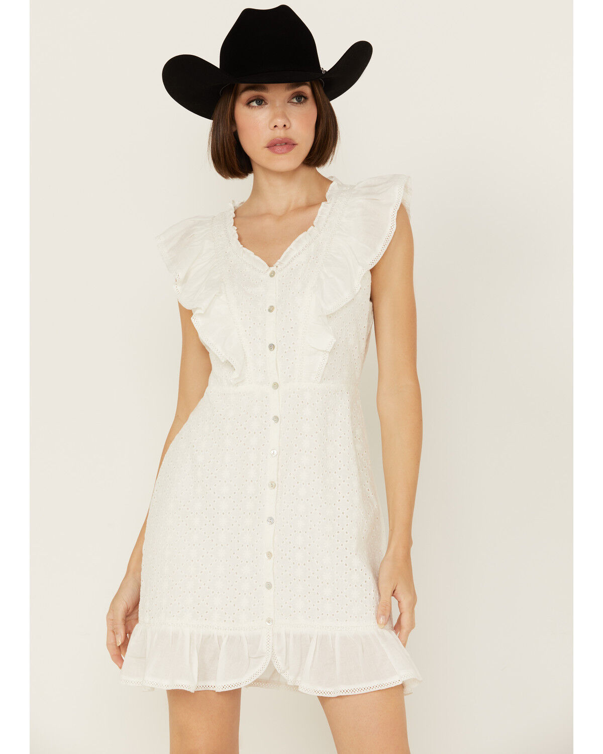 Image #1 - Shyanne Women's Ruffle Trim Eyelet Mini Dress, White, hi-res