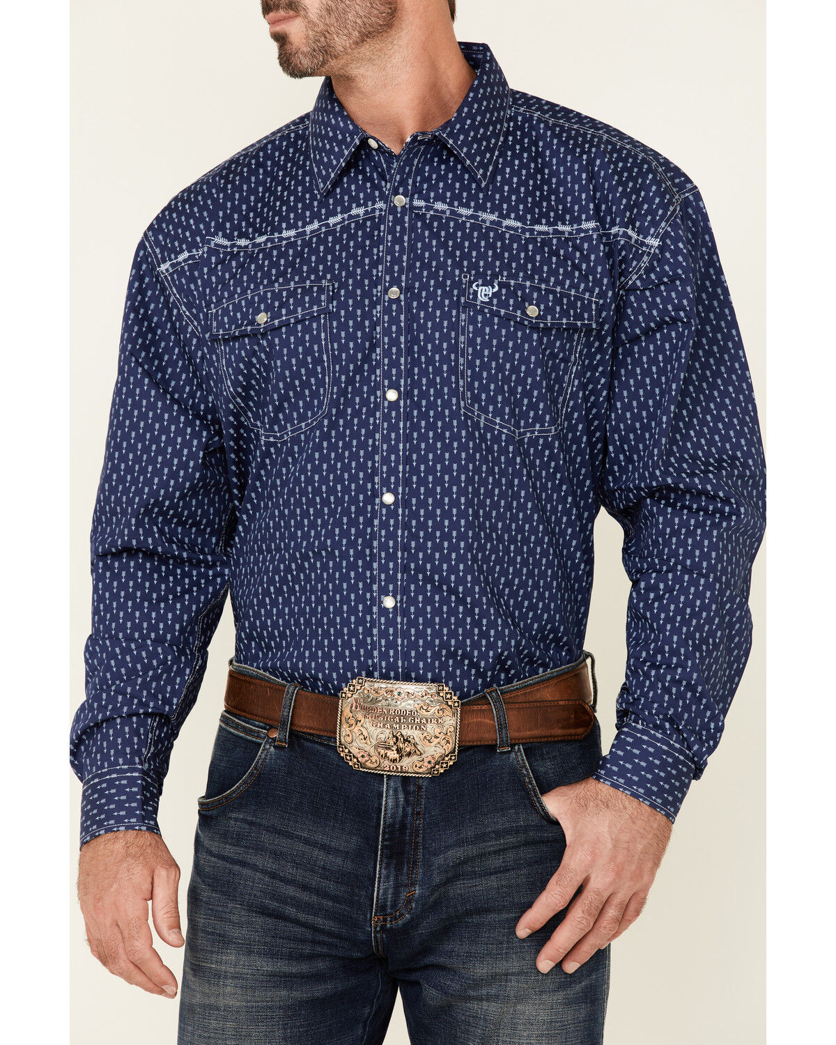 Image #3 - Cowboy Hardware Men's Arrow Geo Print Long Sleeve Pearl Snap Western Shirt, Blue, hi-res