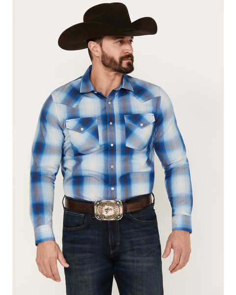 Pendleton Men's Frontier Plaid Print Long Sleeve Pearl Snap Western Shirt, Blue, hi-res