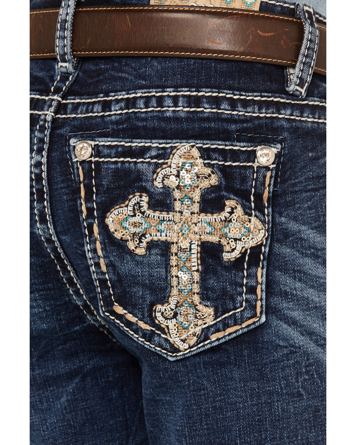 Image #2 - Miss Me Girls' Medium Wash Cross Embroidered Stretch Bootcut Jeans, Dark Blue, hi-res