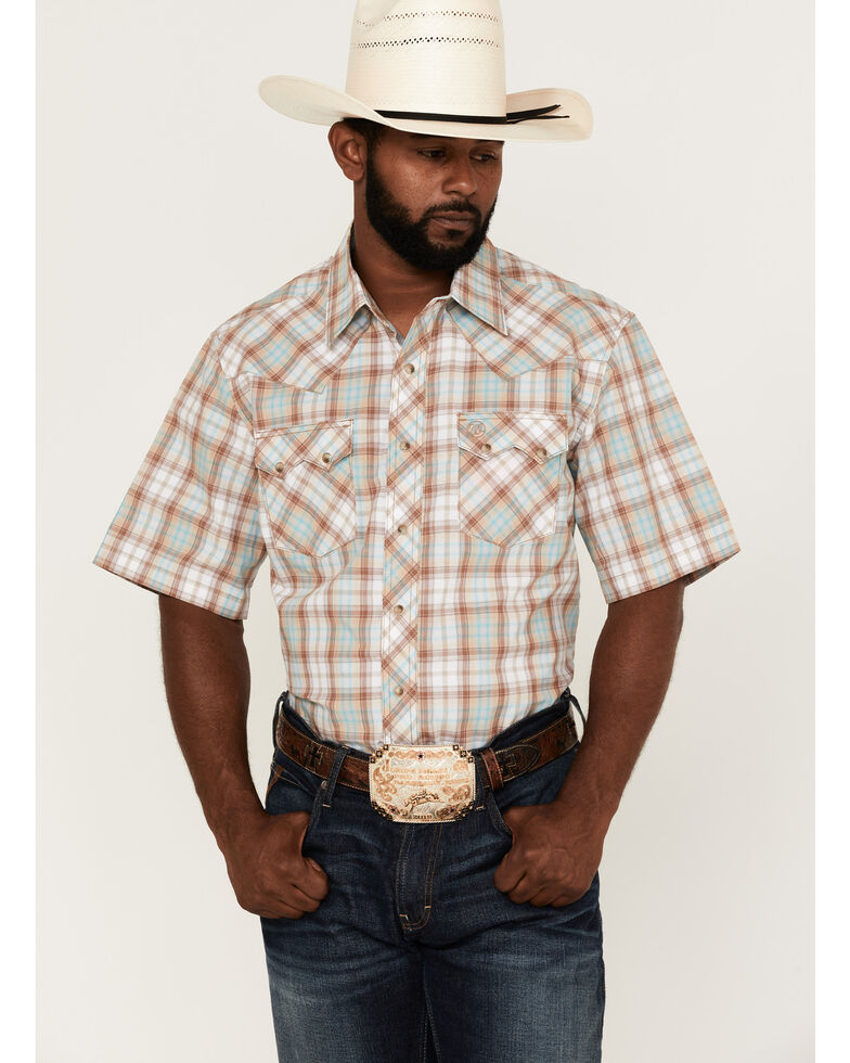 Wrangler Retro Men's Plaid Short Sleeve Snap Western Shirt - Tall , Brown, hi-res