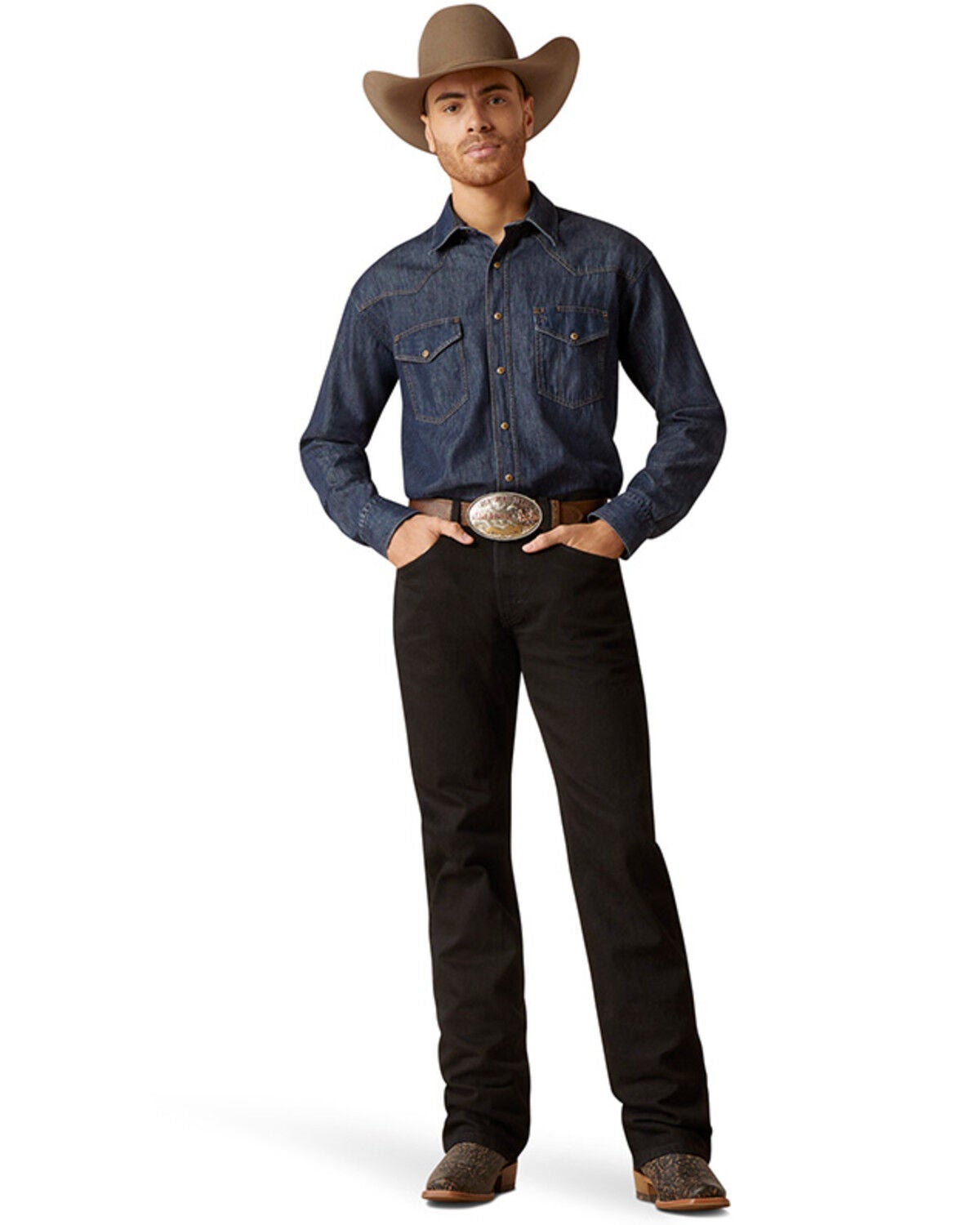 Image #1 - Ariat Men's Classic Denim Long Sleeve Snap Western Shirt - Big, Blue, hi-res