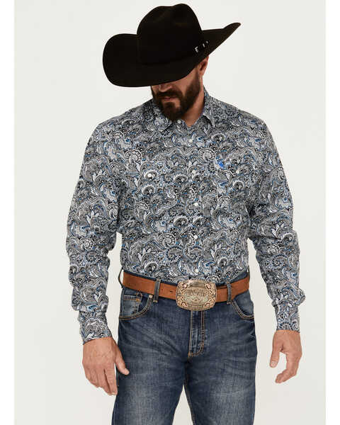 Rodeo Clothing Men's Paisley Print Long Sleeve Pearl Snap Western Shirt, Black, hi-res