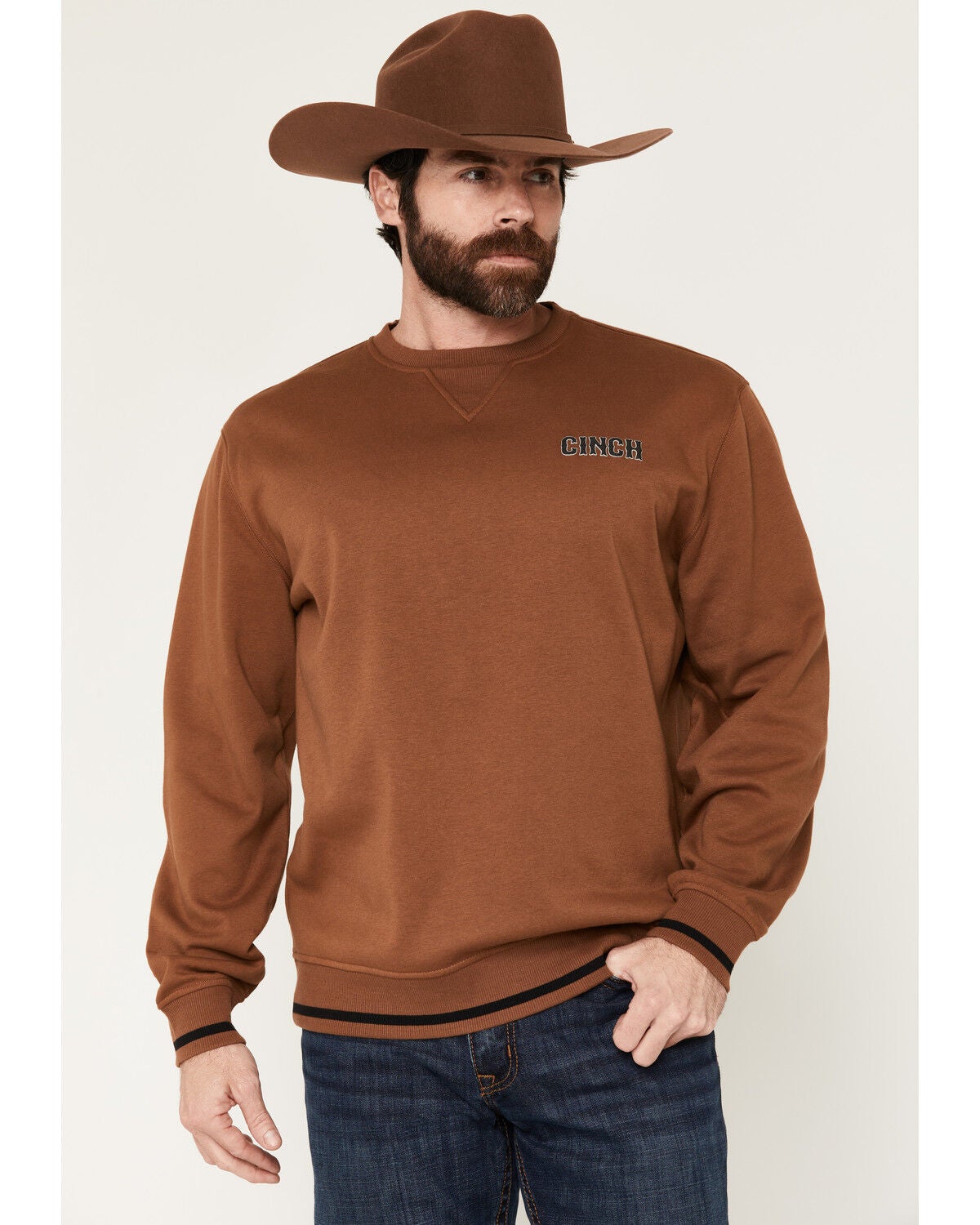 Cinch Men's Solid Logo Crewneck Sweatshirt, Brown, hi-res