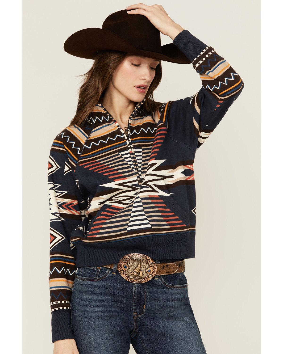 Image #1 - Shyanne Women's Southwestern Print Pullover, Navy, hi-res