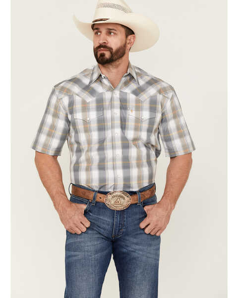 Image #1 - Stetson Men's Gold Dust Dobby Plaid Short Sleeve Pearl Snap Western Shirt , Grey, hi-res