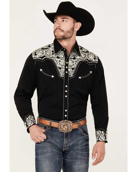 Scully Men's Embroidered Gunfighter Long Sleeve Pearl Snap Western Shirt, Silver, hi-res