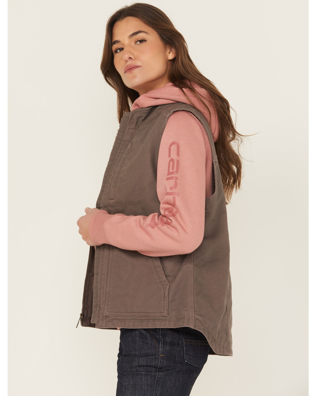 Image #2 - Carhartt Women's Taupe Washed Duck Sherpa Lined Vest, Taupe, hi-res
