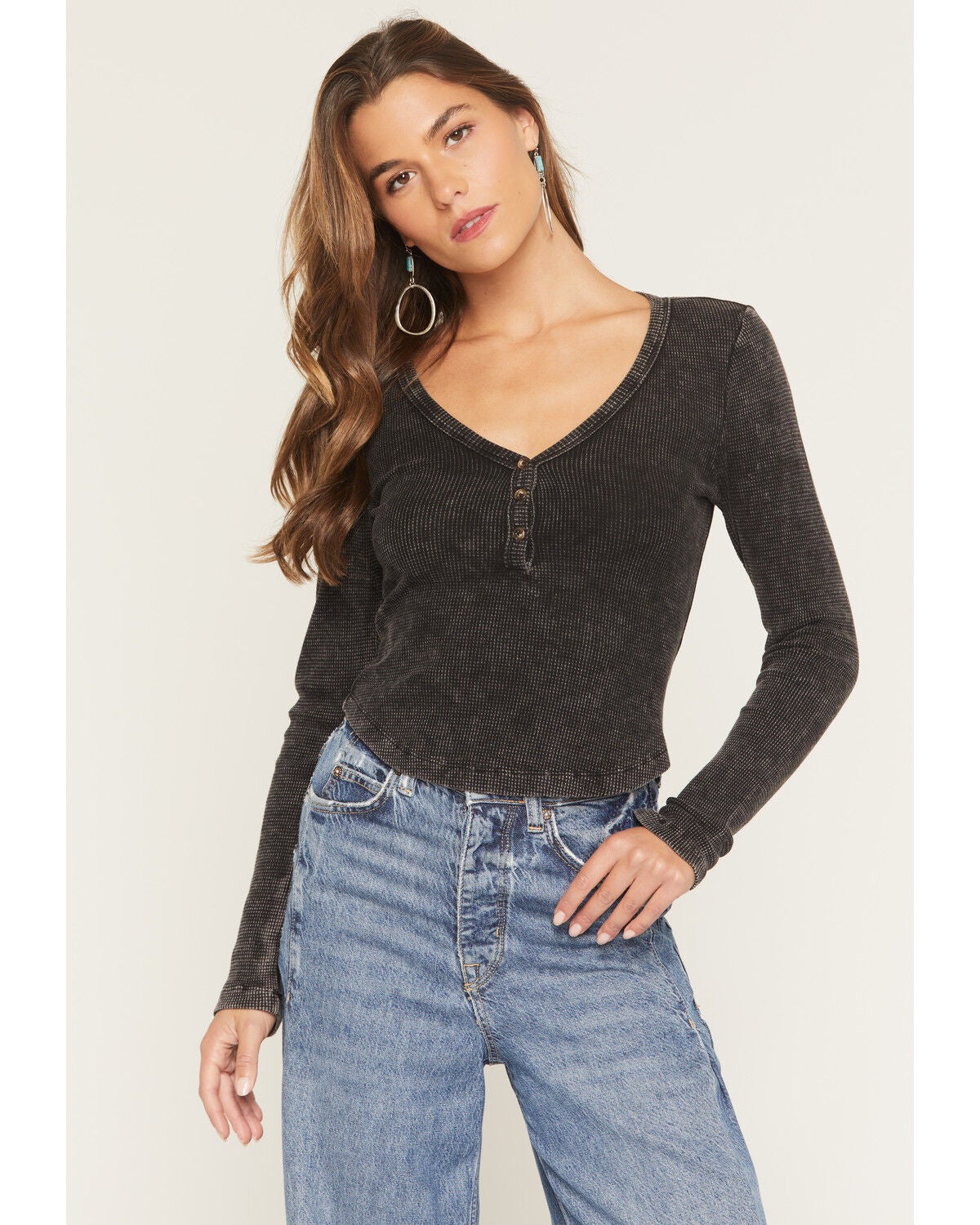 Image #1 - Wild Moss Women's Button-Down Long Sleeve Thermal Shirt, Black, hi-res