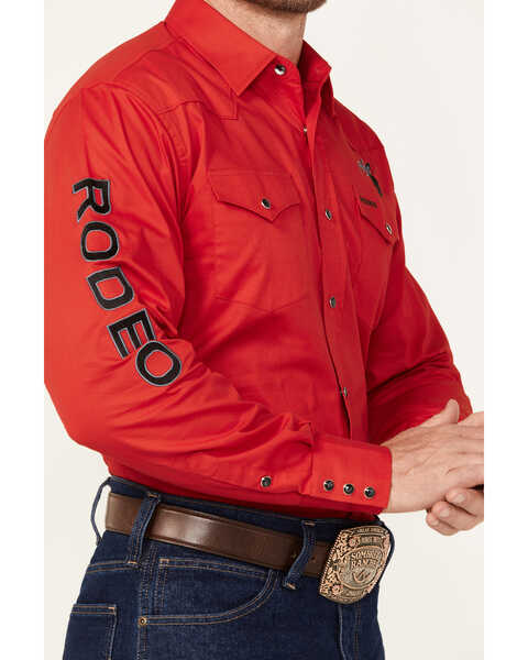 Image #3 - Rodeo Clothing Men's Horseshoe Embroidered Long Sleeve Snap Western Shirt, Red, hi-res