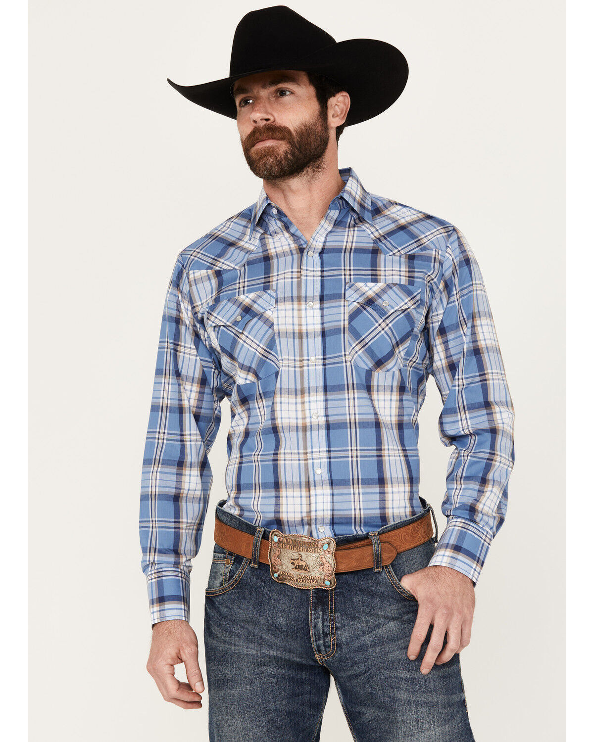 Image #1 - Ely Walker Men's Plaid Print Long Sleeve Pearl Snap Western Shirt, Blue, hi-res