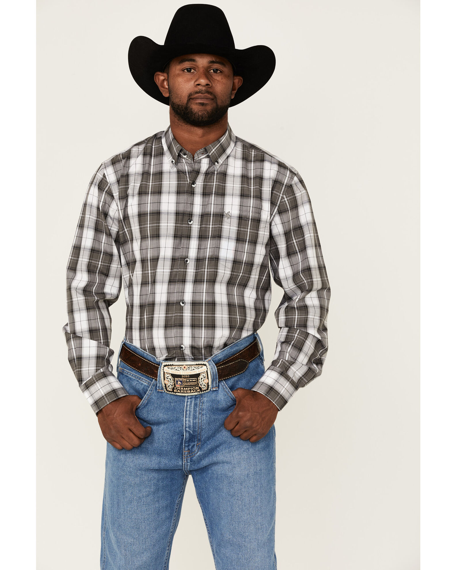 Rodeo Clothing Men s Large Dark Grey Plaid Long Sleeve Button Down Western Shirt