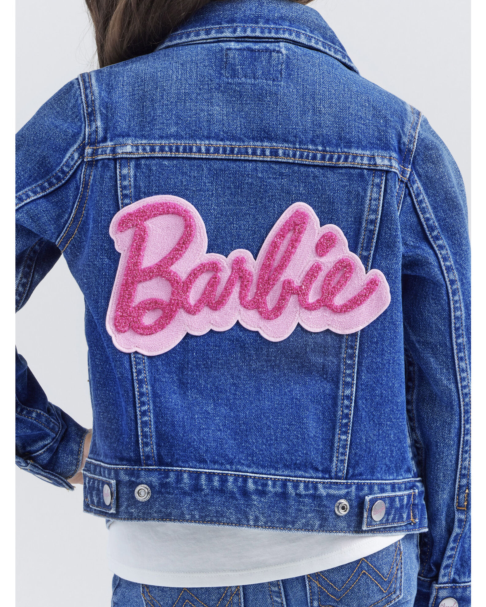 Wrangler X Barbie Girls Medium Wash Zip Up Logo Denim Jacket Sheplers