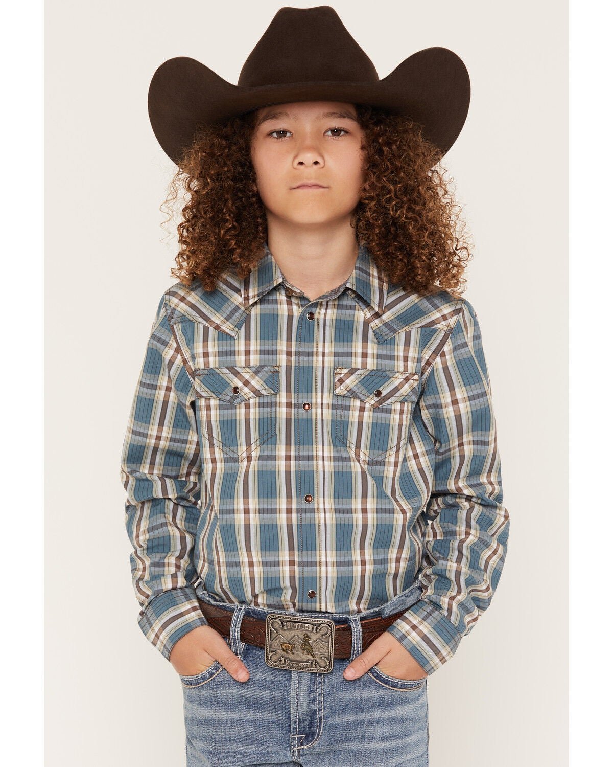 Cody James Boys' Niagra Falls Plaid Print Long Sleeve Snap Western Shirt, Blue, hi-res