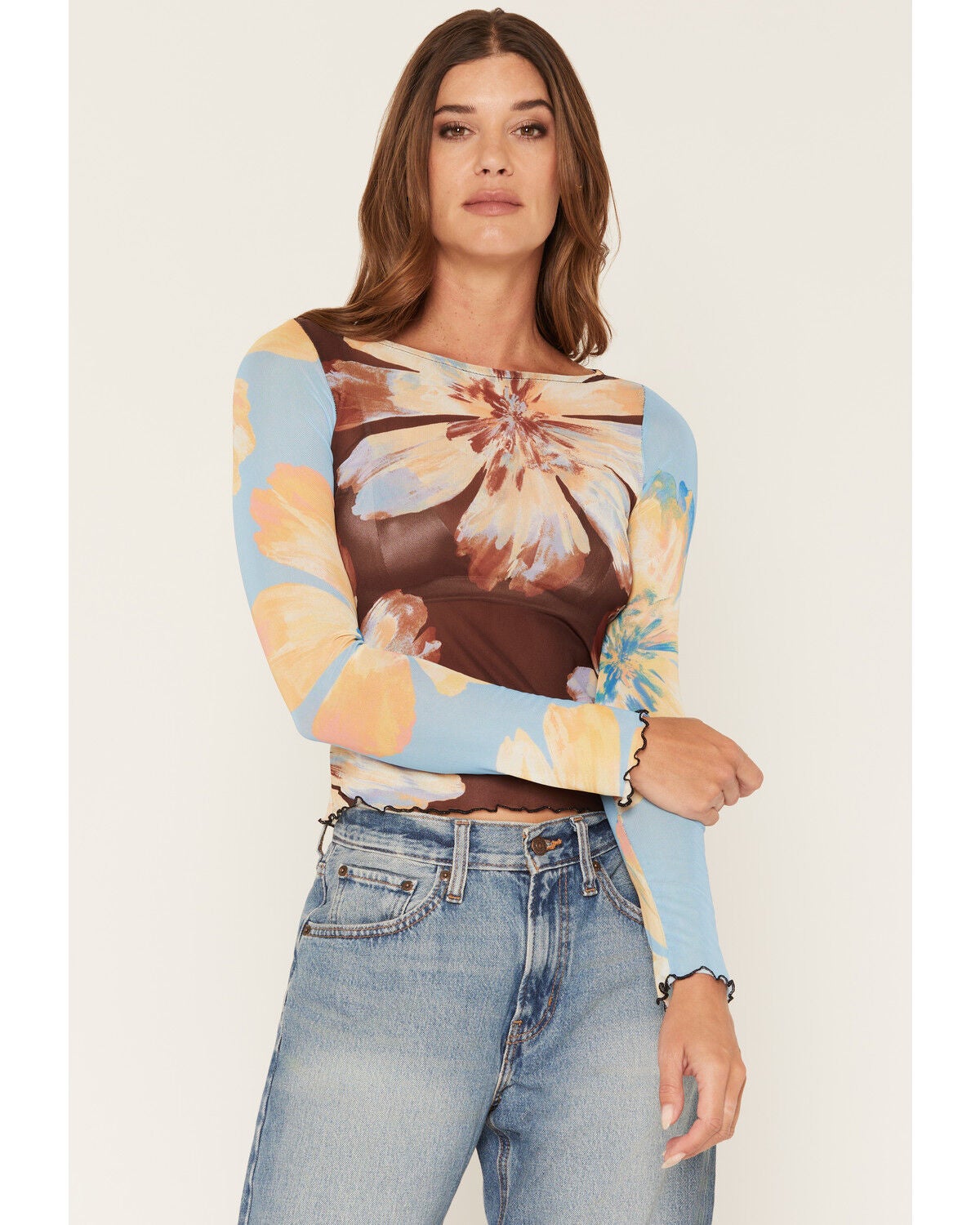Wild Moss Women's Floral Print Long Sleeve Mesh Top, Multi, hi-res