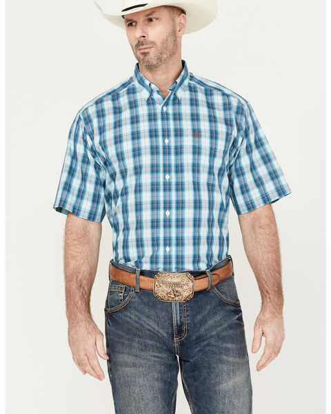 Ariat Men's Wrinkle Free Enzo Plaid Print Button-Down Short Sleeve Western Shirt, Teal, hi-res